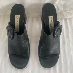Charles David Black Leather Mules with Buckle Vintage Size 7.5